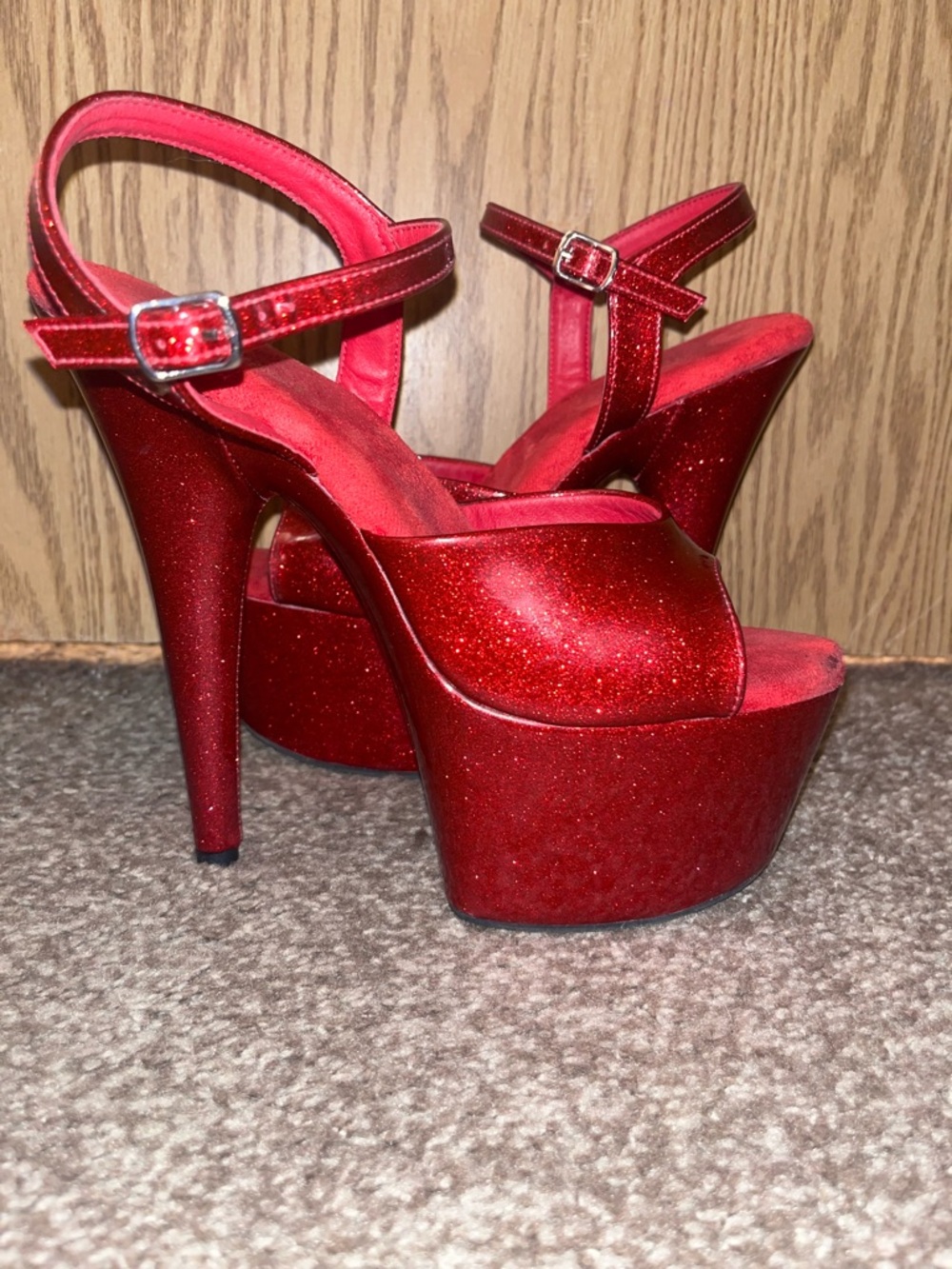 Adore-709GP Red Glitter 7in Sandals Pole Dance Stripper Heels Glitterati Sparkle - Picture 8 of 11
